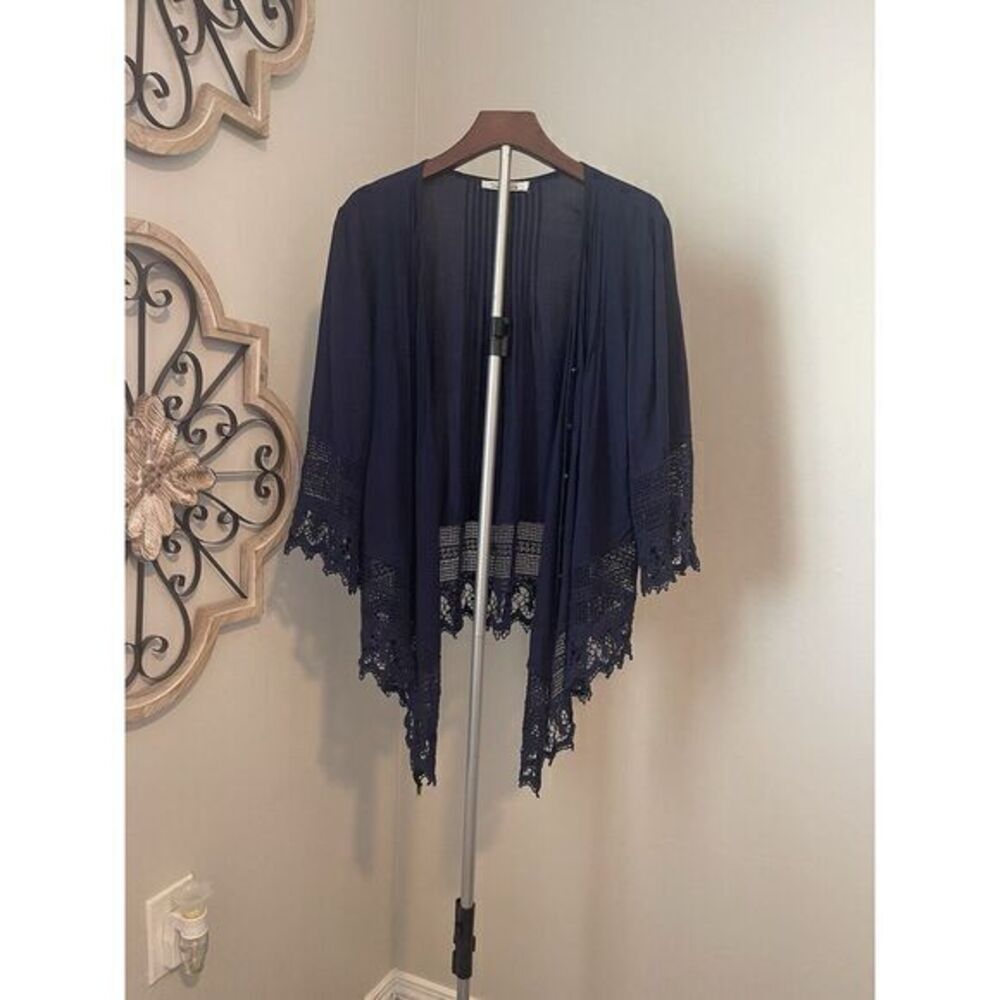 Solitaire Anthropologie Navy Blue Crochet hem Waterfall Cardigan L/XL